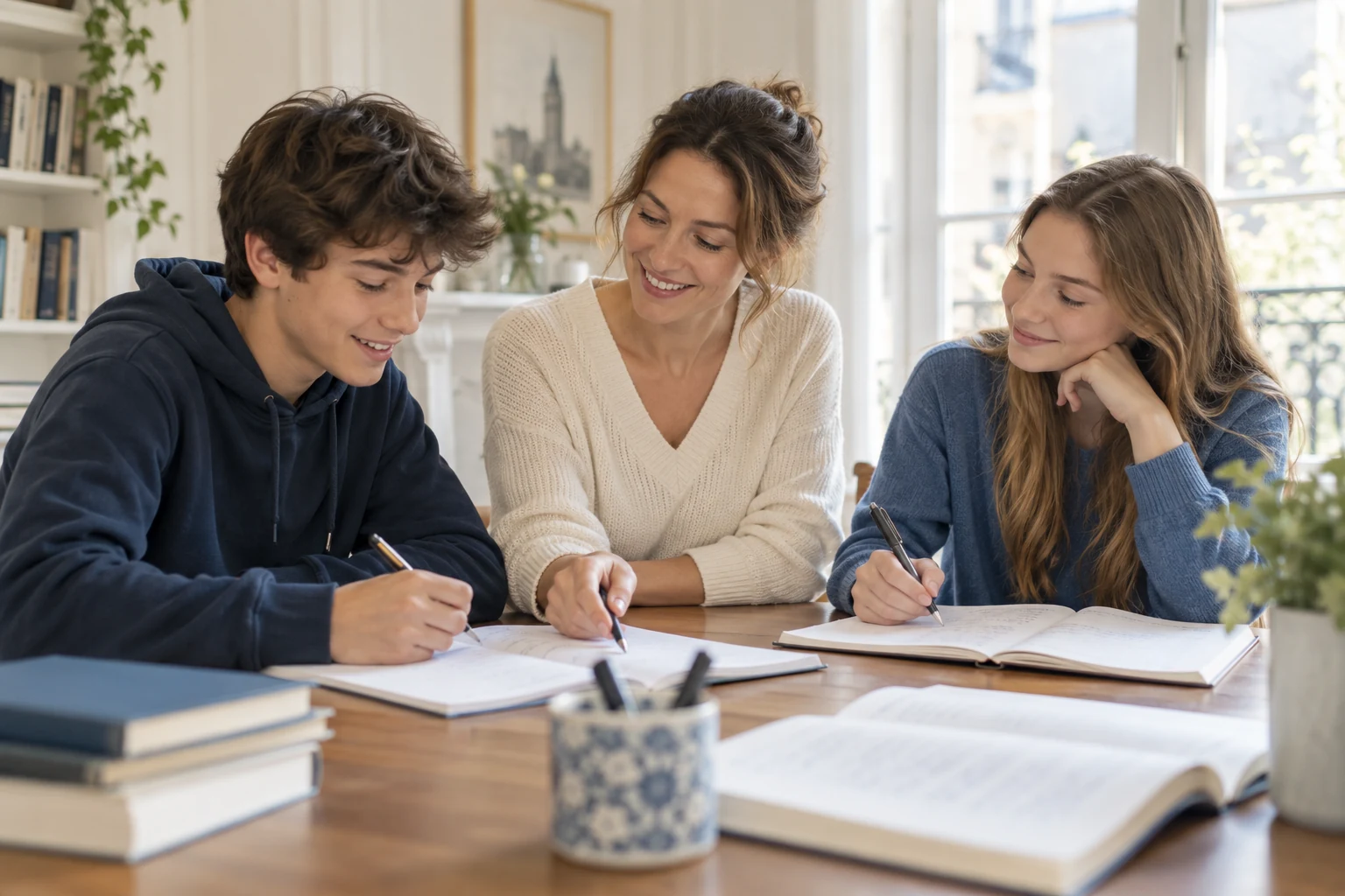 Une enseignante accompagne deux élèves autour d’un cahier — illustration